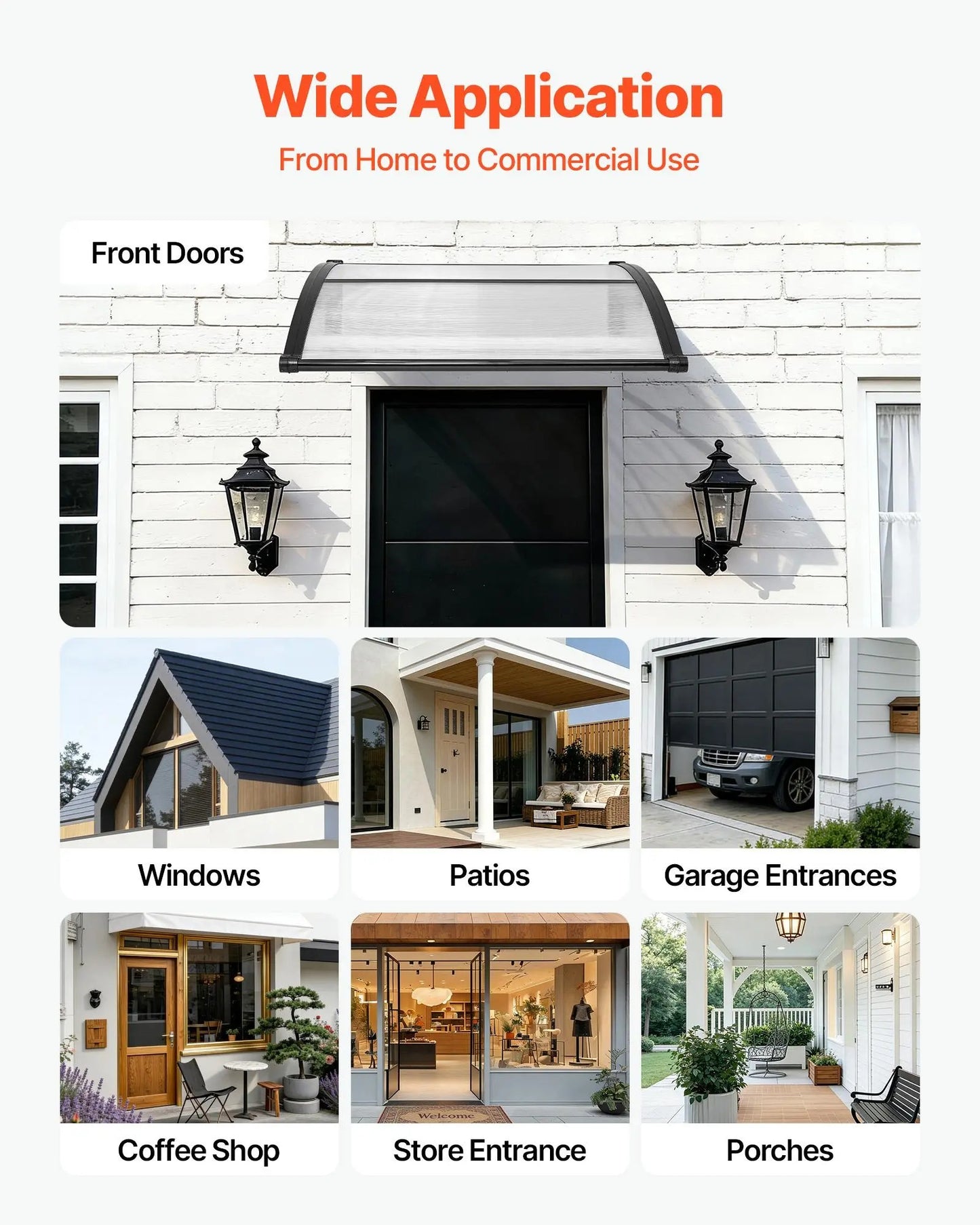 【SummerFinds】VEVOR Outdoor Entryway Awning, Clear Polycarbonate Overhang Canopy for Front Doors & Windows, Built-in Drainage System & Sturdy ABS Mounting Brackets, All-Weather Shield Against Sunlight, Rain and Snow, Ideal for Porch & Patio Installation