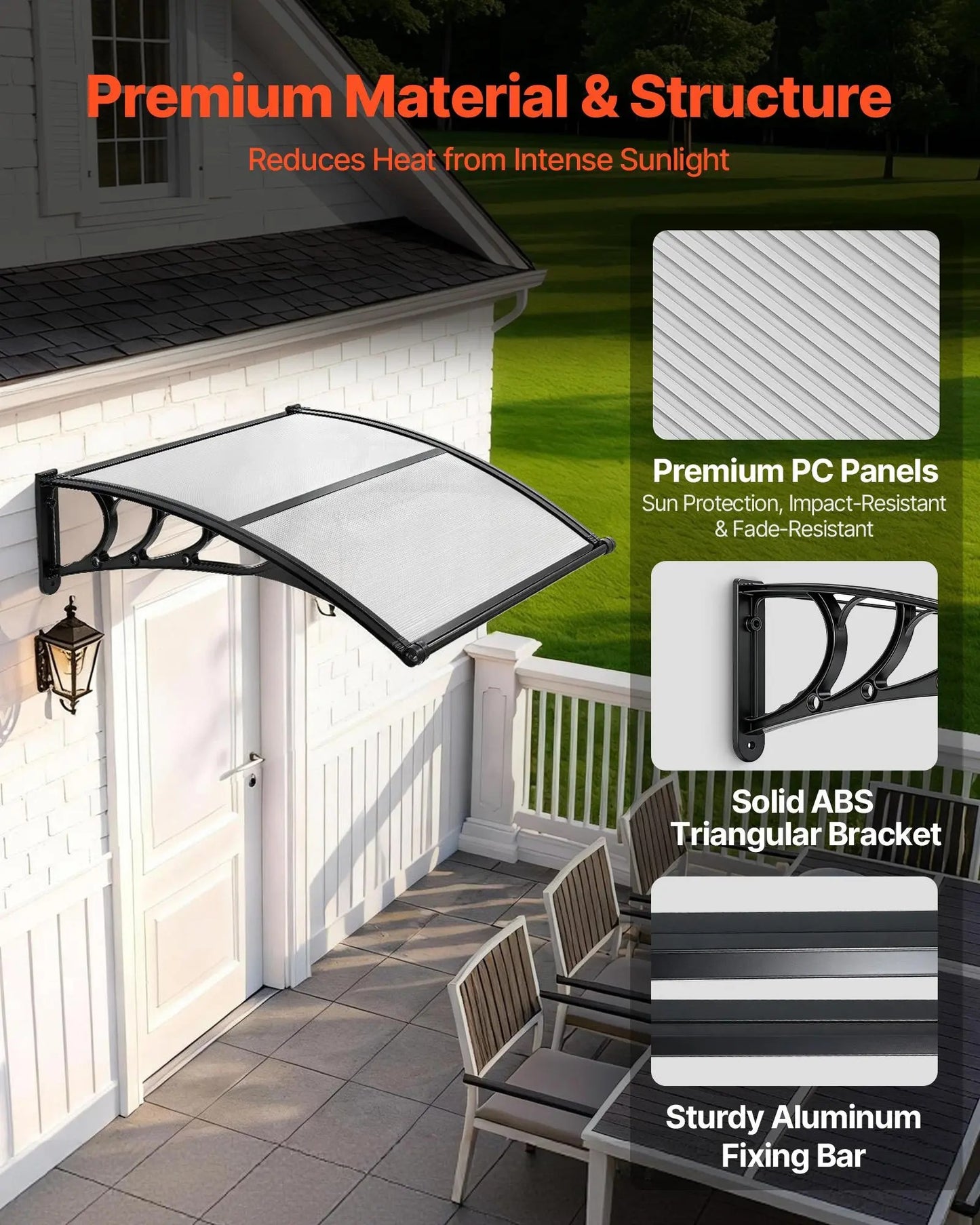 【SummerFinds】VEVOR Outdoor Entryway Awning, Clear Polycarbonate Overhang Canopy for Front Doors & Windows, Built-in Drainage System & Sturdy ABS Mounting Brackets, All-Weather Shield Against Sunlight, Rain and Snow, Ideal for Porch & Patio Installation