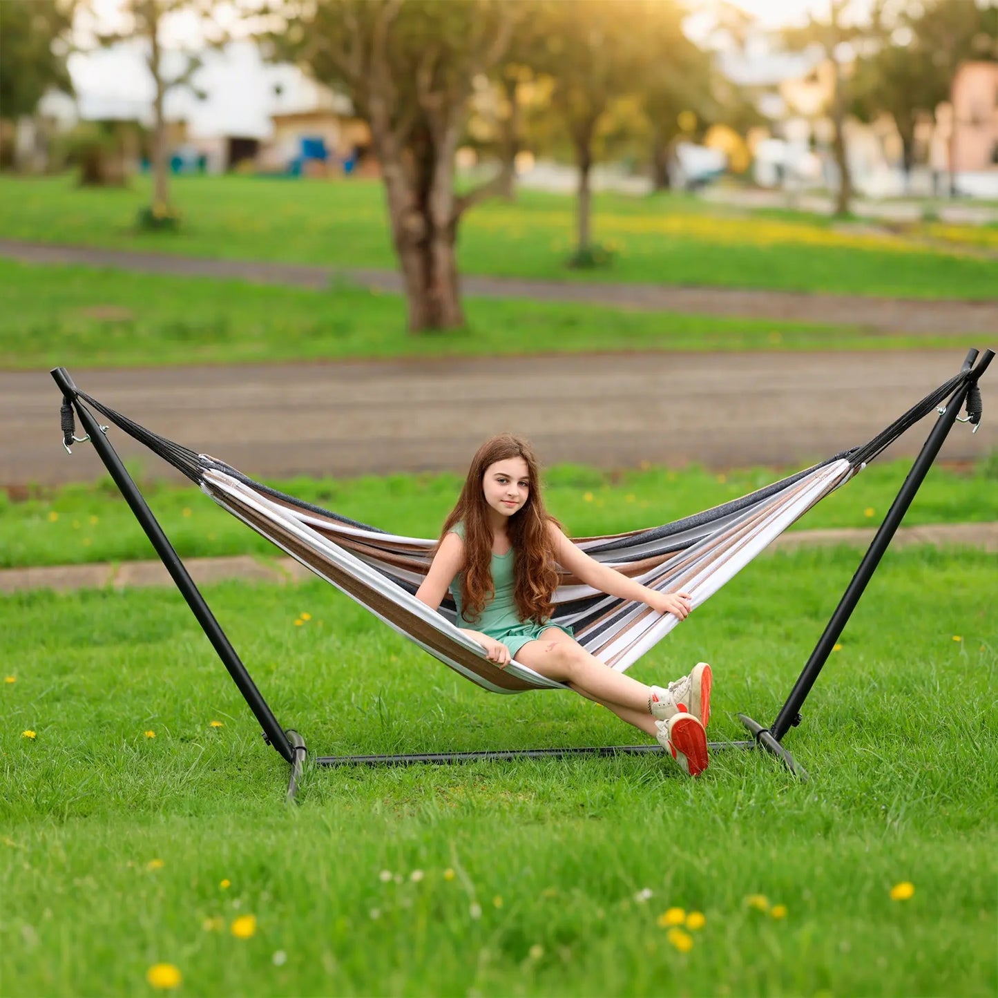 Heavy-Duty Hammock with Complete Steel Stand | 450 LBS Weight Capacity, Equipped with Portable Storage Bag & Dual Anti-Roll Stabilizing Balance Beams