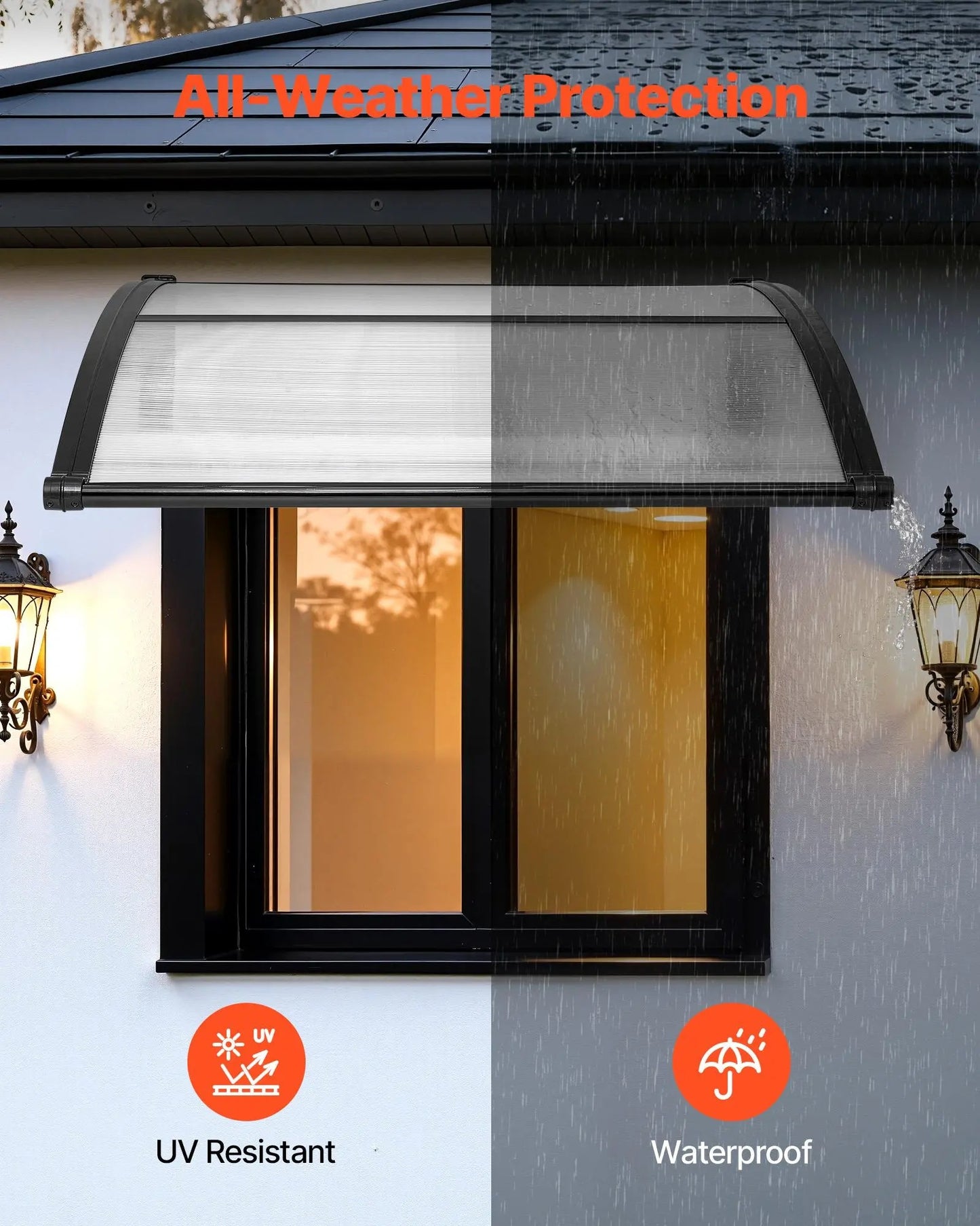 【SummerFinds】VEVOR Outdoor Entryway Awning, Clear Polycarbonate Overhang Canopy for Front Doors & Windows, Built-in Drainage System & Sturdy ABS Mounting Brackets, All-Weather Shield Against Sunlight, Rain and Snow, Ideal for Porch & Patio Installation