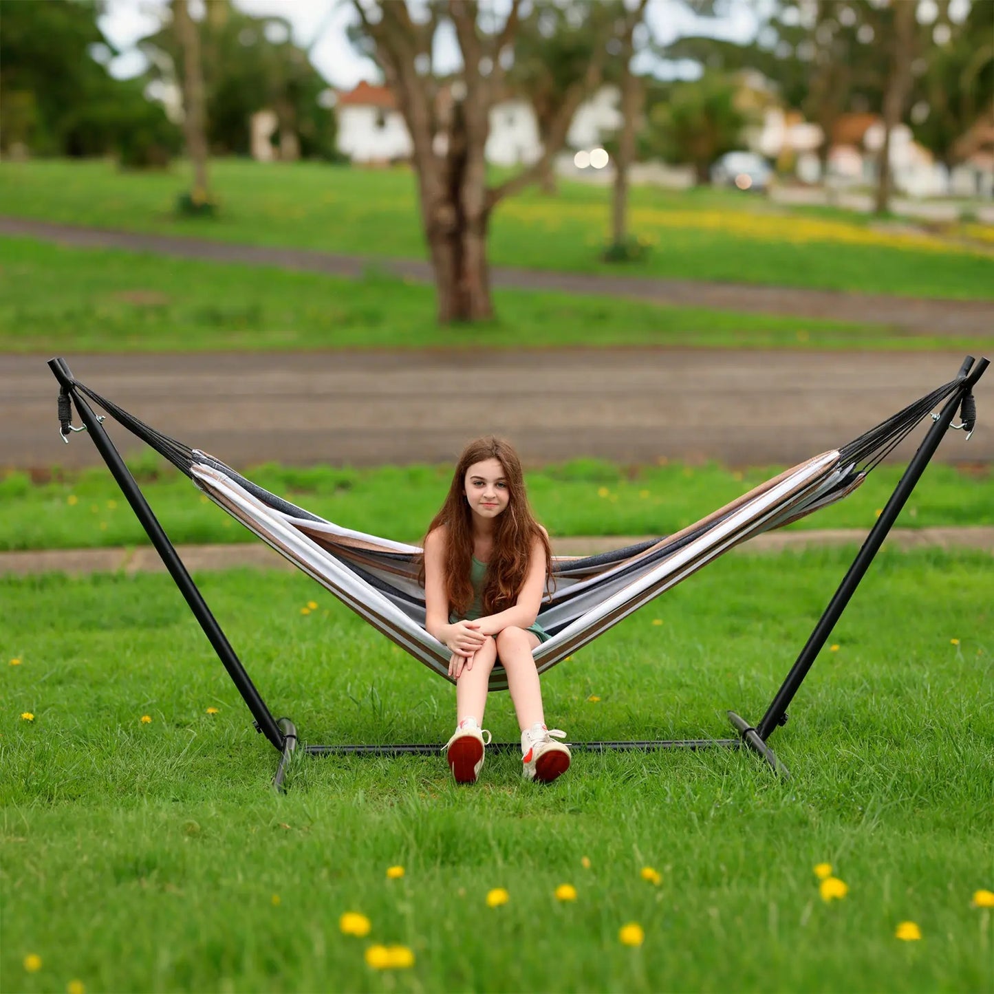 Heavy-Duty Hammock with Complete Steel Stand | 450 LBS Weight Capacity, Equipped with Portable Storage Bag & Dual Anti-Roll Stabilizing Balance Beams