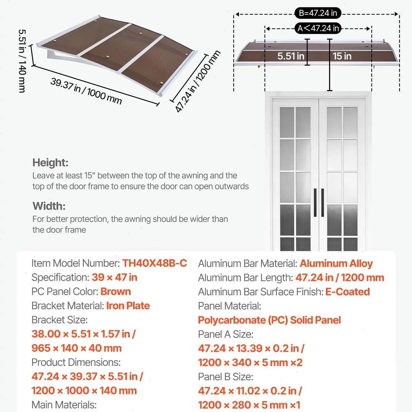 【SummerFinds】VEVOR Outdoor Entryway Awning, Clear Polycarbonate Overhang Canopy for Front Doors & Windows, Built-in Drainage System & Sturdy ABS Mounting Brackets, All-Weather Shield Against Sunlight, Rain and Snow, Ideal for Porch & Patio Installation