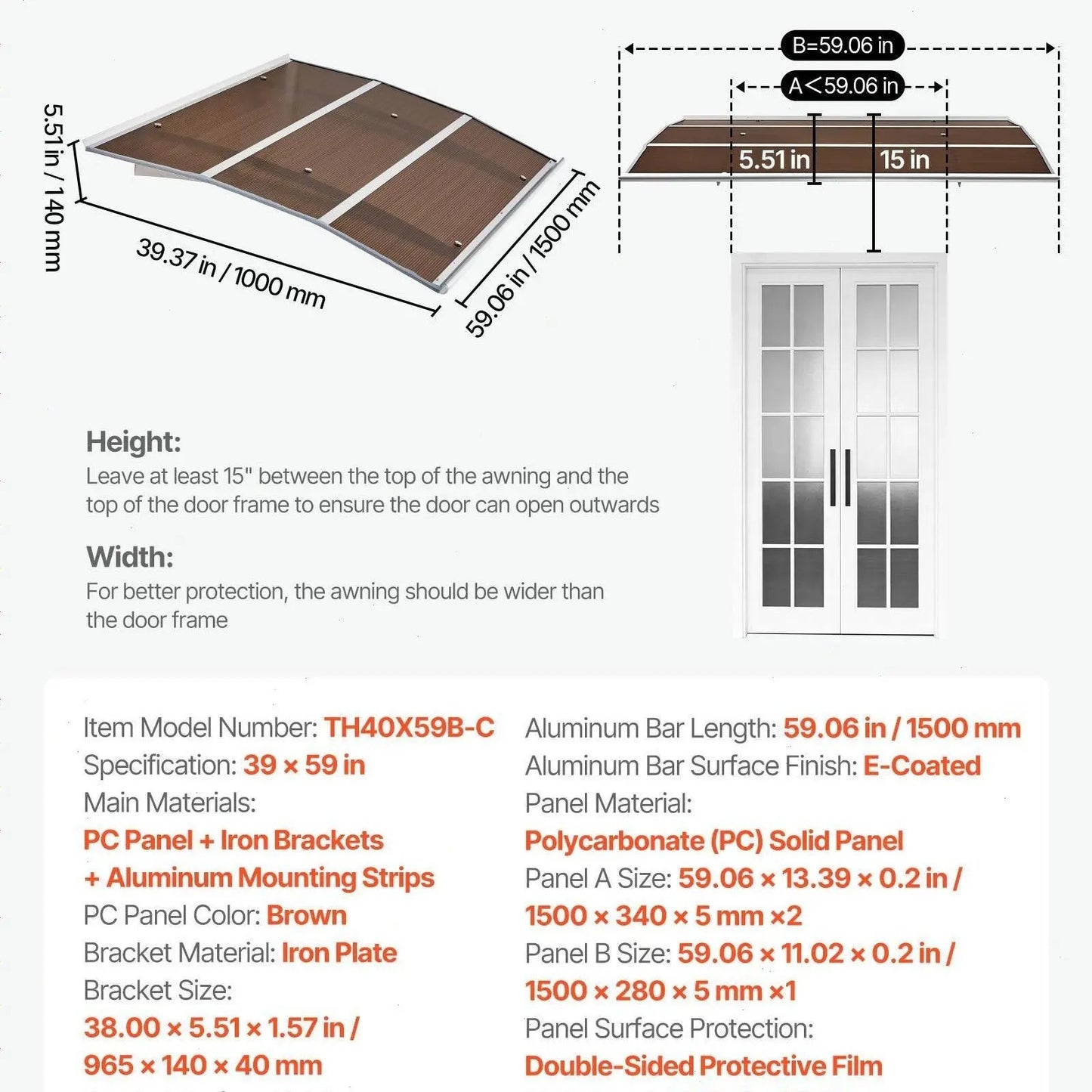 【SummerFinds】VEVOR Outdoor Entryway Awning, Clear Polycarbonate Overhang Canopy for Front Doors & Windows, Built-in Drainage System & Sturdy ABS Mounting Brackets, All-Weather Shield Against Sunlight, Rain and Snow, Ideal for Porch & Patio Installation