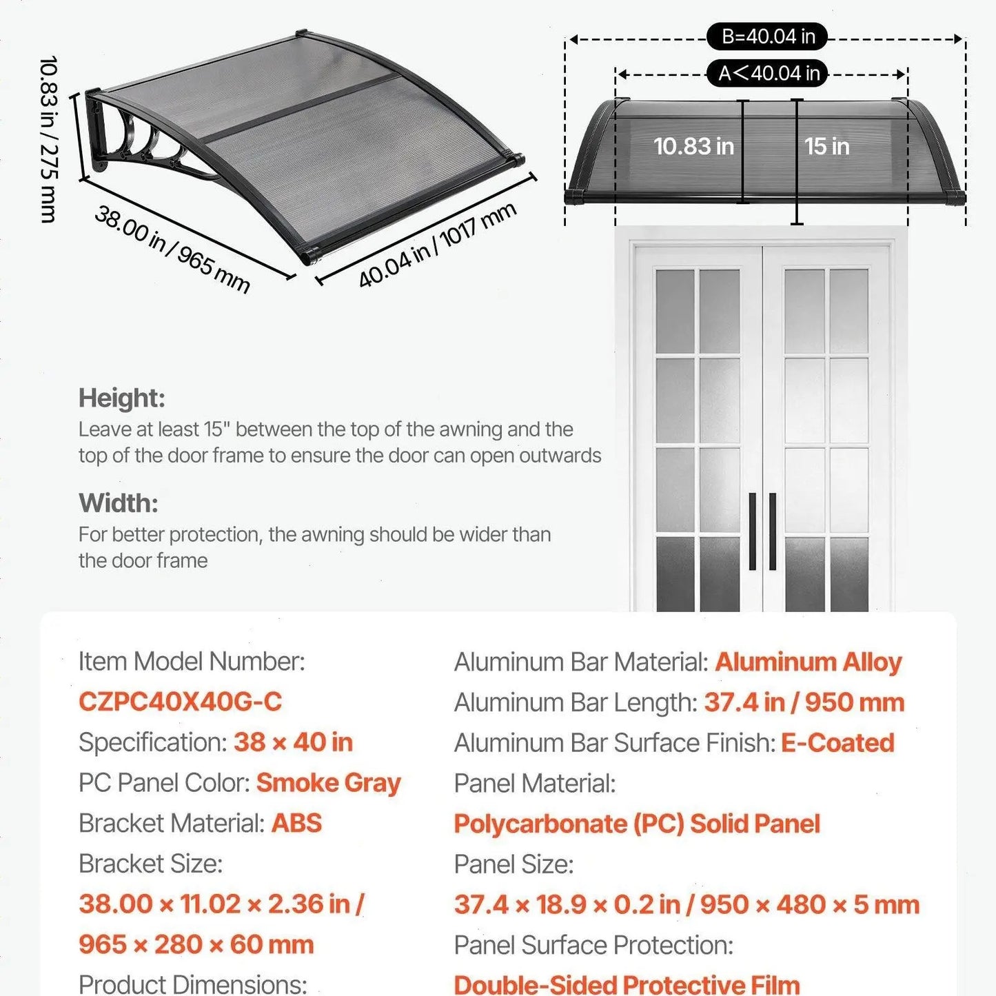 【SummerFinds】VEVOR Outdoor Entryway Awning, Clear Polycarbonate Overhang Canopy for Front Doors & Windows, Built-in Drainage System & Sturdy ABS Mounting Brackets, All-Weather Shield Against Sunlight, Rain and Snow, Ideal for Porch & Patio Installation