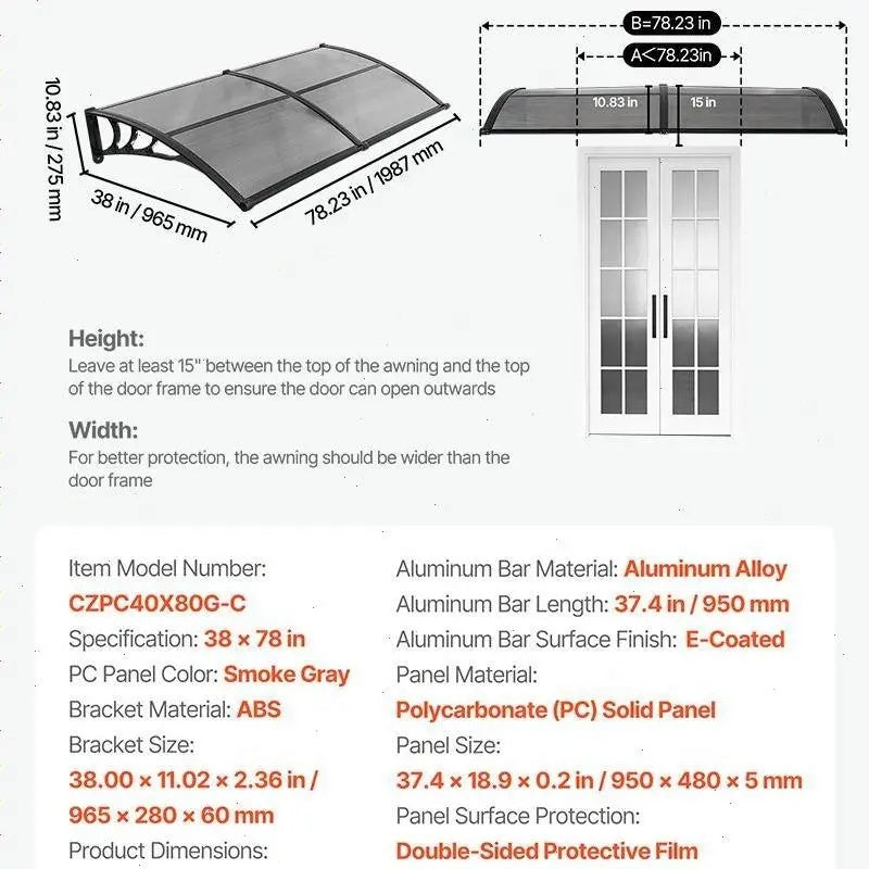 【SummerFinds】VEVOR Outdoor Entryway Awning, Clear Polycarbonate Overhang Canopy for Front Doors & Windows, Built-in Drainage System & Sturdy ABS Mounting Brackets, All-Weather Shield Against Sunlight, Rain and Snow, Ideal for Porch & Patio Installation