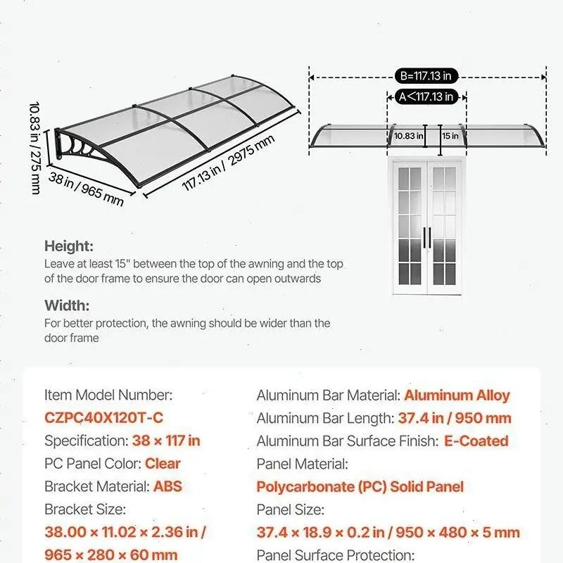 【SummerFinds】VEVOR Outdoor Entryway Awning, Clear Polycarbonate Overhang Canopy for Front Doors & Windows, Built-in Drainage System & Sturdy ABS Mounting Brackets, All-Weather Shield Against Sunlight, Rain and Snow, Ideal for Porch & Patio Installation