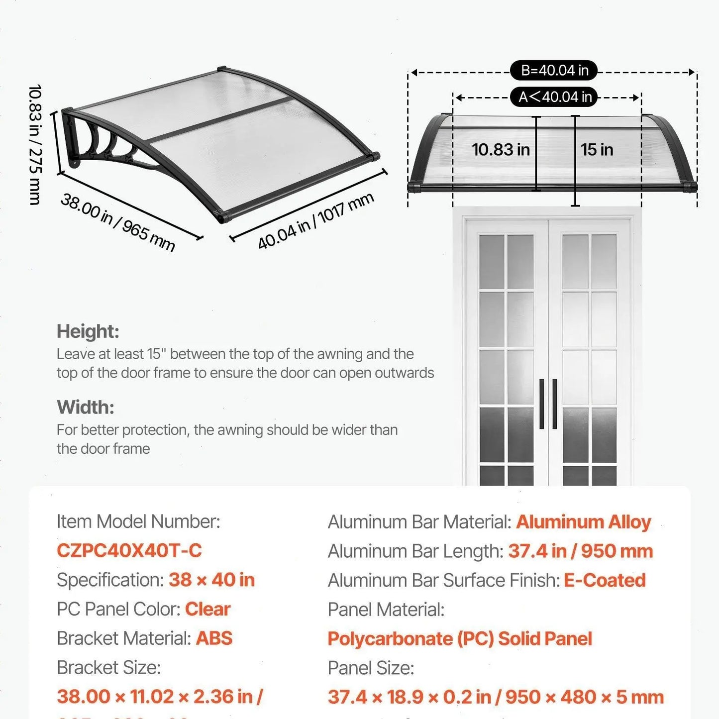 【SummerFinds】VEVOR Outdoor Entryway Awning, Clear Polycarbonate Overhang Canopy for Front Doors & Windows, Built-in Drainage System & Sturdy ABS Mounting Brackets, All-Weather Shield Against Sunlight, Rain and Snow, Ideal for Porch & Patio Installation