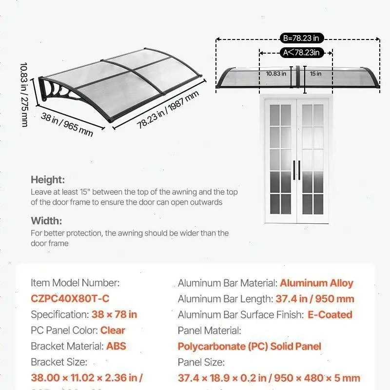 【SummerFinds】VEVOR Outdoor Entryway Awning, Clear Polycarbonate Overhang Canopy for Front Doors & Windows, Built-in Drainage System & Sturdy ABS Mounting Brackets, All-Weather Shield Against Sunlight, Rain and Snow, Ideal for Porch & Patio Installation