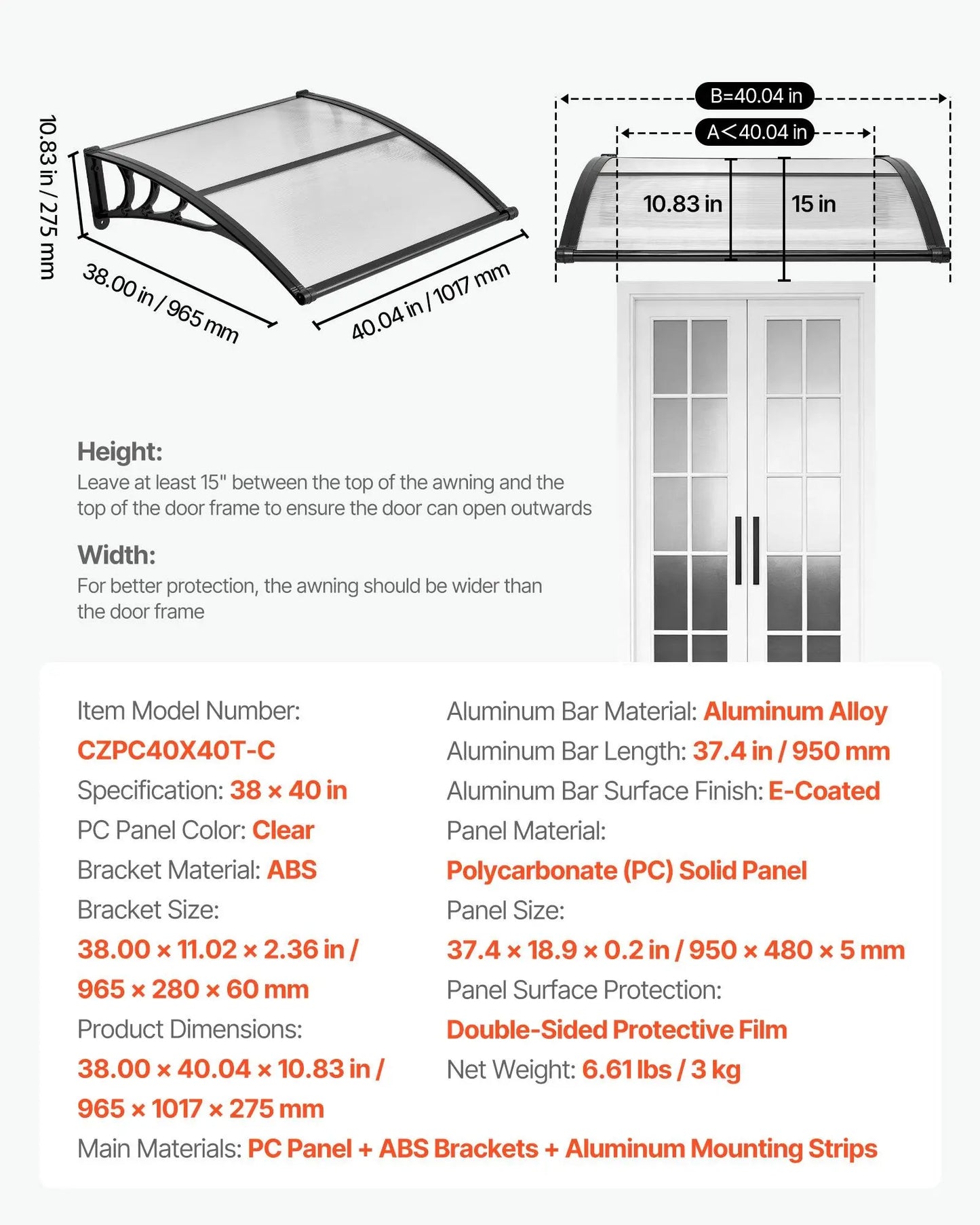 【SummerFinds】VEVOR Outdoor Entryway Awning, Clear Polycarbonate Overhang Canopy for Front Doors & Windows, Built-in Drainage System & Sturdy ABS Mounting Brackets, All-Weather Shield Against Sunlight, Rain and Snow, Ideal for Porch & Patio Installation